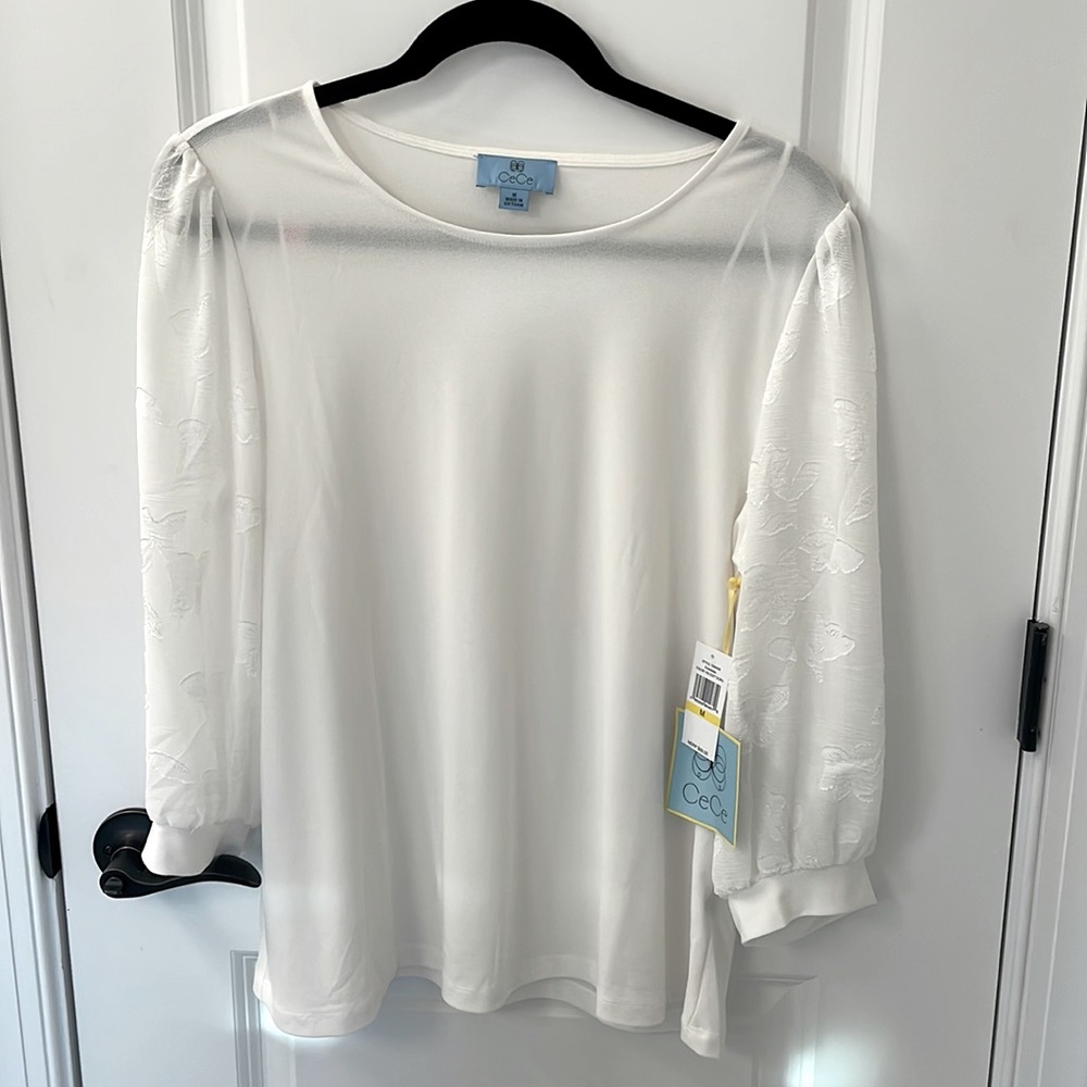 NWT CeCe Brand Sheer White Lace Elbow Sleeve Top Size M